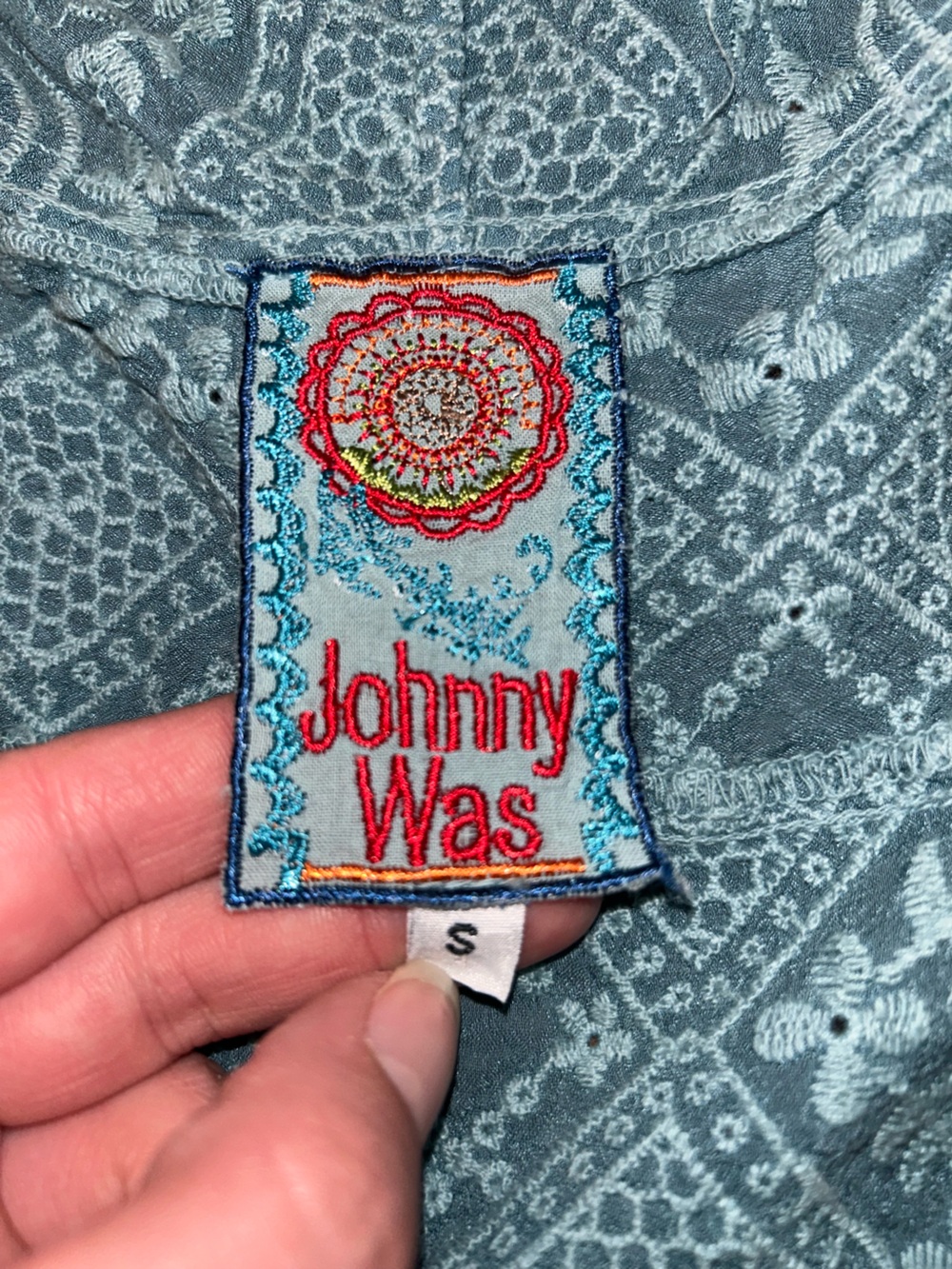 Johnny Was Light Teal Blue Lace-Embroidered Shawl Hood Scalloped Open Cardigan S - Picture 11 of 11